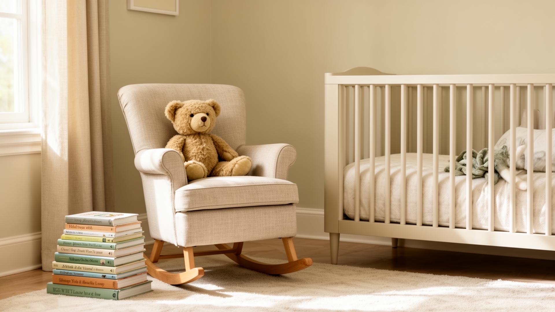A serene nursery corner with a rocker, teddy bear, and books