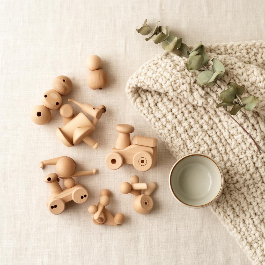 A curated flat lay of wooden baby toys and a knit blanket